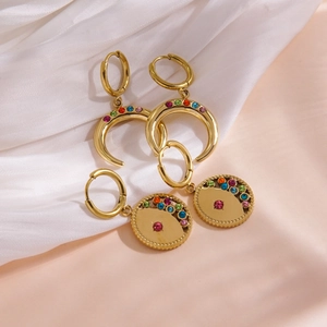 Elegant 14K gold-plated stainless steel earrings set with colorful gems moon and heart shapes