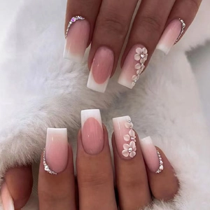 French Gradient Pink White Press On Nails 3D White Flower Rhinestone Elegant ABS Plastic Long Square False Nails