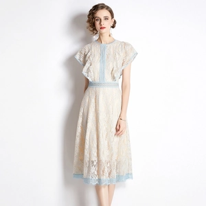 Elegant beige lace midi dress with light blue floral trim and ruffled flutter sleeves