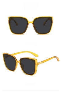 Detail view of square orange frame sunglasses with grey lenses from front and side angles