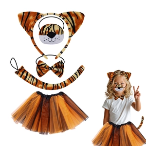 Tiger Animal Ears Headband With Tail Bowtie Mask And Tutu Skirt Kids Halloween Cosplay Costume Accessories Plush