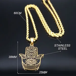 Collier Main de Fatma en acier inoxydable doré avec motif mauvais œil et chaîne corde