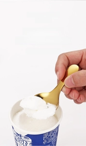 Golden 304 stainless steel dessert spoon scooping vanilla ice cream in a macro view