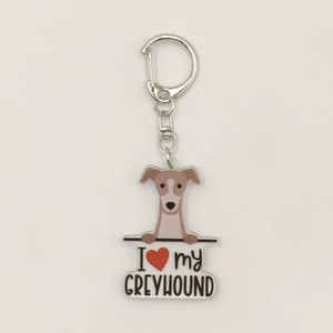 Detail of Greyhound acrylic keychain with I Heart My Greyhound print and silver swivel clasp