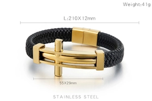 Detail of black braided leather men's bracelet with a golden stainless steel cross and size info