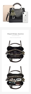 Detailed interior structure of women's black leather bag with spacious storage compartments