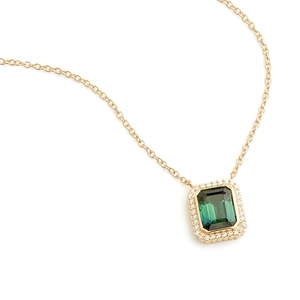 S925 sterling silver gold necklace with emerald-cut green crystal pendant and zircon stones