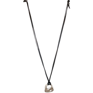 Minimalist long cord necklace with a brushed silver metallic handbag pendant design