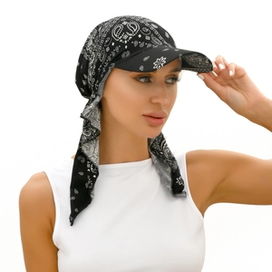 Fashionable black paisley print headscarf hat with sun visor for summer style