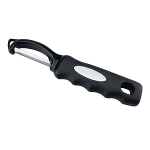 Ergonomic black potato peeler with sharp stainless steel blade on a clean white background