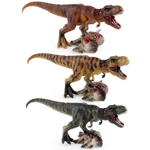 Three T-Rex figures standing on Triceratops prey in brown, tiger-striped, and green colors