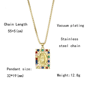 Detailed size chart of gold Virgin Mary pendant with colorful zircons and measurements