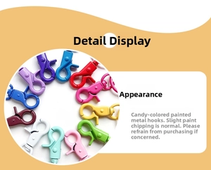 Close-up of colorful candy-coated metal lobster clasps and swivel hooks for keychains