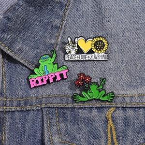 Lot de pins émaillés créatifs avec grenouille et tournesol sur tissu denim
