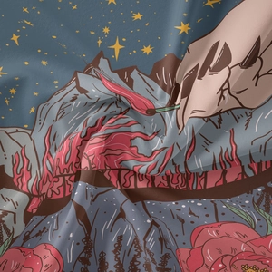 Close-up of woven fabric texture with tarot-style floral and mountain illustration