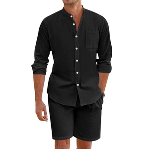 Men's black linen two-piece casual set with long sleeve button shirt and drawstring shorts