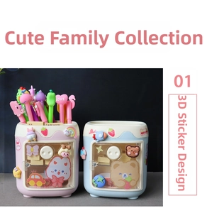 Detail view of pink and blue stationery holders with 3D resin patches and clear mini doors