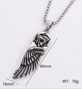 Detail view of retro silver punk wing pendant showing 60mm height and 16mm width
