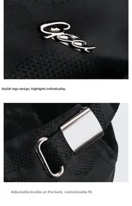 Detail of silver metal logo and adjustable back buckle on black camouflage baseball cap