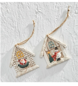 Detailed view of Santa and Snowman resin house ornaments with rustic jute hanging ropes