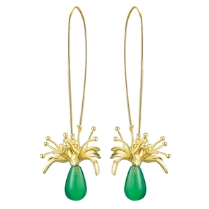 S925 silver lycoris flower earrings with green chalcedony teardrop pendants in gold
