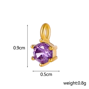 Macro detail of purple zircon pendant with size specs and gold claw setting