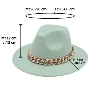 Size guide for fedora hat with gold chain detailing circumference height and brim width