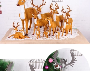 Detailed view of realistic Christmas reindeer figurines with soft flocking on a snowy base