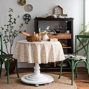 Christmas round tablecloth with gold snowflake print on cream cotton linen fabric