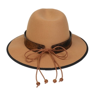Detail view of camel wool fedora hat featuring a brown faux leather band and wooden beads