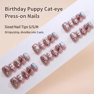 Faux ongles Cat Eye avec motifs de chiot et cupcake mignons en rose et bleu