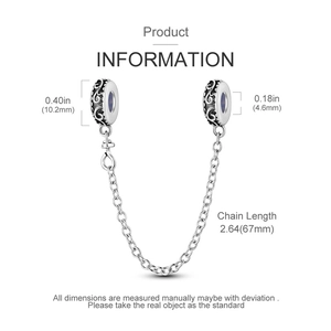 Floral etched copper safety chain for charm bracelets with detailed measurements