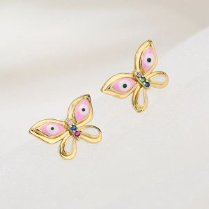 18K gold plated butterfly stud earrings with pink enamel and colorful crystals