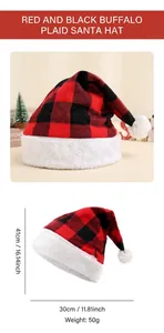 Detail view of red and black plaid Christmas hat with white plush trim and size dimensions