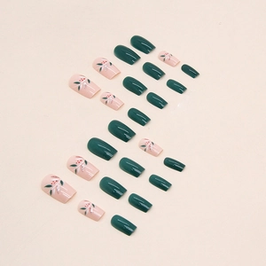 Retro emerald green press-on nails with botanical leaf patterns and square round shape