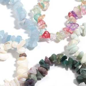 Close-up of irregular natural crystal beads with rose quartz and amazonite textures