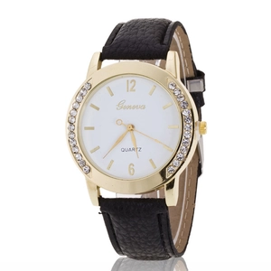 Close-up of Geneva quartz watch featuring a white dial, black leather strap and crystal bezel