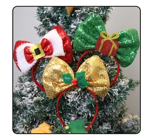 Three-piece Christmas headband set with large sequined bows in red, green and gold colors