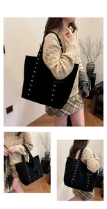 Three-way view of a black velvet tote bag with silver studs and heart charm on a model