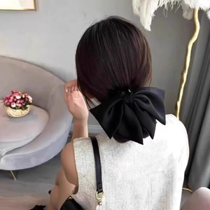French style oversized black satin bow hair clip for elegant women hairstyles