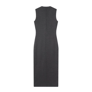 Detail shot of dark grey sleeveless knitted midi dress showing texture and button accents