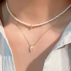 Double-layer S925 silver gold necklace with white pearls and marquise cut zircon stone