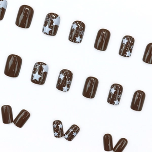 Chocolate mint brown star press-on nails with 24 pieces in a glossy mirror finish