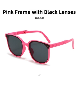 Detailed 45-degree angle of pink foldable kids sunglasses with dark grey lenses
