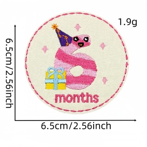 Detail view of 6.5cm round 6 months baby milestone embroidery patch with dimensions