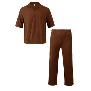 Men's casual brown two-piece summer set with V-neck short sleeve and textured pants
