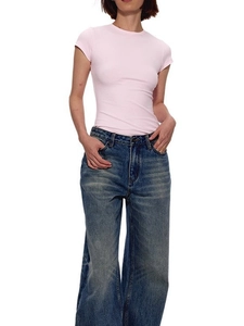 Pink slim fit modal stretch T-shirt for women featuring a classic crew neck and short sleeves