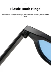 Detail of reinforced composite plastic hinge structure on square sunglasses frame