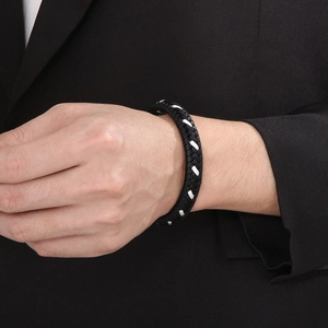 Classic black and white braided rope bracelet for men with magnetic clasp closure