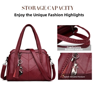 Detail of dark red tote bag showing storage capacity, woven handle, and cat charm pendant
